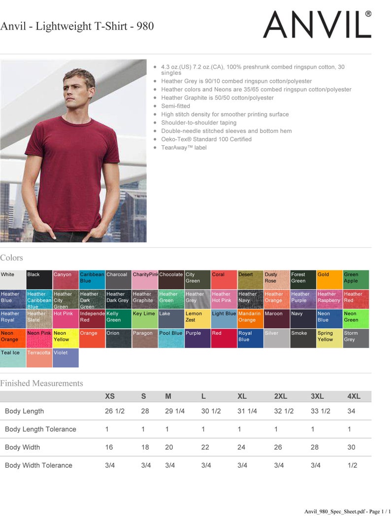 May include: An Anvil 980 lightweight t-shirt in a solid maroon color. The product specification sheet includes a list of available colors, fabric composition details, and a table of finished measurements in inches for sizes XS through 4XL.