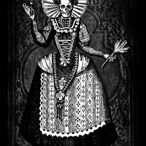 May include: A black and white graphic illustration of a skeleton dressed in a period-style gown with a lace apron, holding a sickle in one hand and a feather duster in the other, featuring a halo and the text BONE AND SICKLE at the bottom.