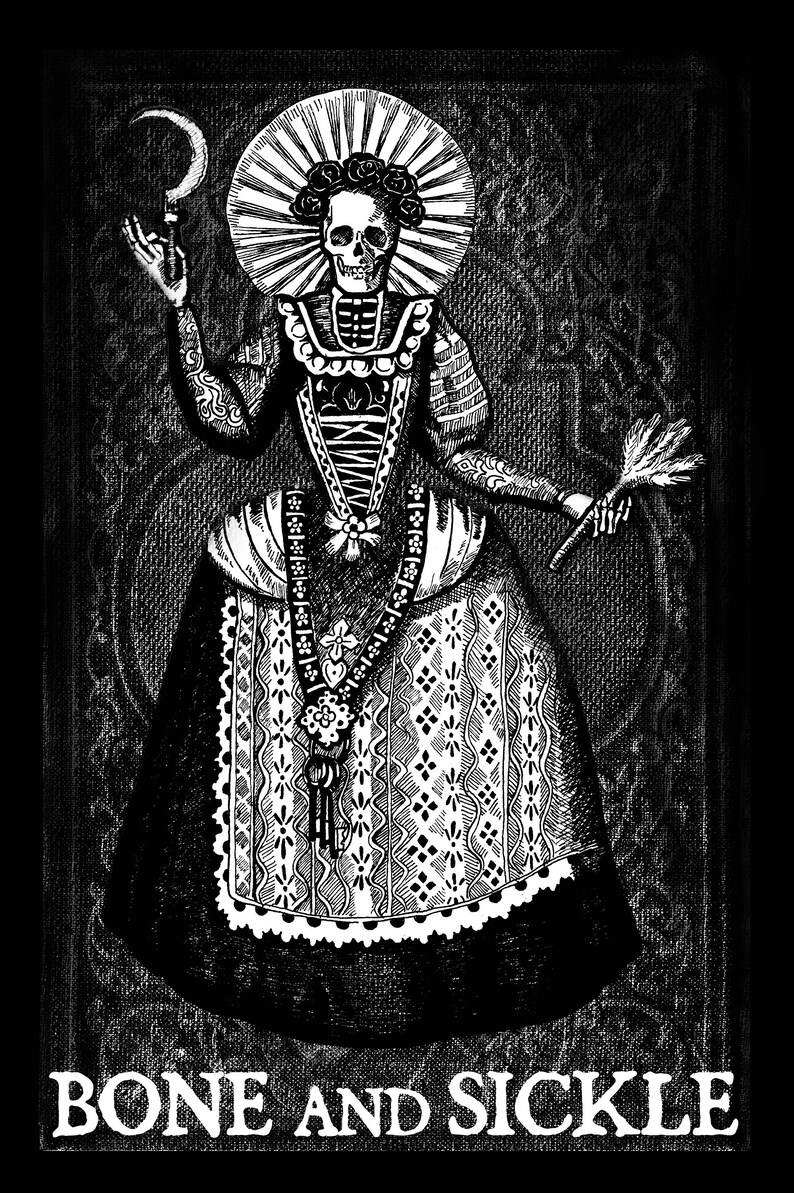 May include: A black and white graphic illustration of a skeleton dressed in a period-style gown with a lace apron, holding a sickle in one hand and a feather duster in the other, featuring a halo and the text BONE AND SICKLE at the bottom.