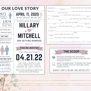 Printable Wedding Invitation Suite / Our Love Story / Custom / Destination / Reception Invites / Funny / RSVP Mad Lib / Details Info Card