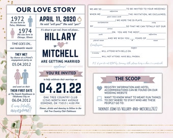 Printable Wedding Invitation Suite / Our Love Story / Custom / Destination / Reception Invites / Funny / RSVP Mad Lib / Details Info Card