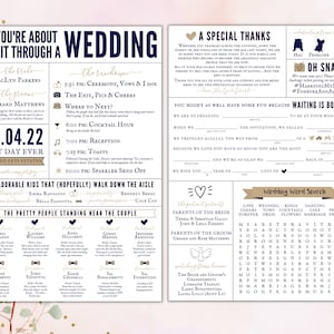 Może przedstawiać: Zaproszenie na ślub w kolorze granatowym i złotym. Zaproszenie zawiera wzór kwiatowy z tekstem "So you're about to sit through a wedding." i datą "05.04.22". Zaproszenie zawiera również krzyżówkę ze słowami związanymi ze ślubem.