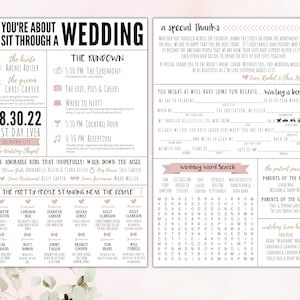 May include: A wedding announcement in pink and white. The announcement includes the bride and groom's names, the date of the wedding, the location, and a list of the wedding party. The announcement also includes a word search puzzle and a special thanks section.
