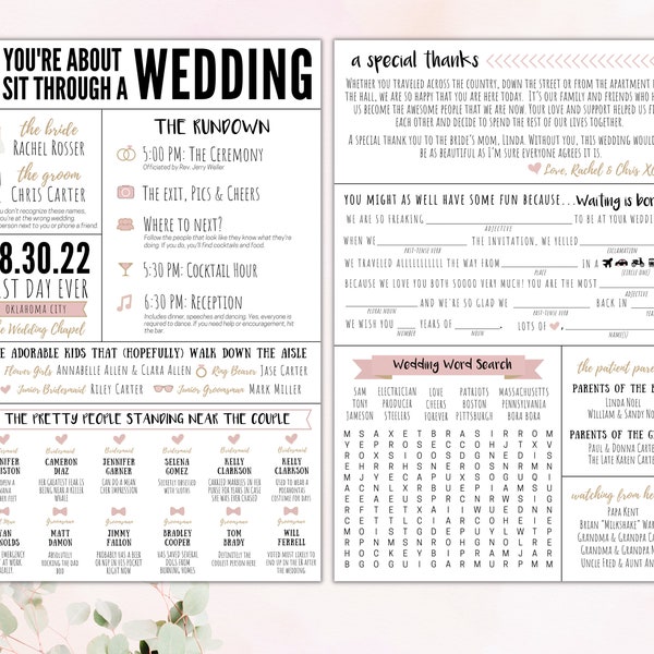 Funny Infographic Wedding Program / Games & Activities / Word Search / Custom / Mad Lib / Printable / 6x9" / 5.5x8.5" / Popular / Fun Facts
