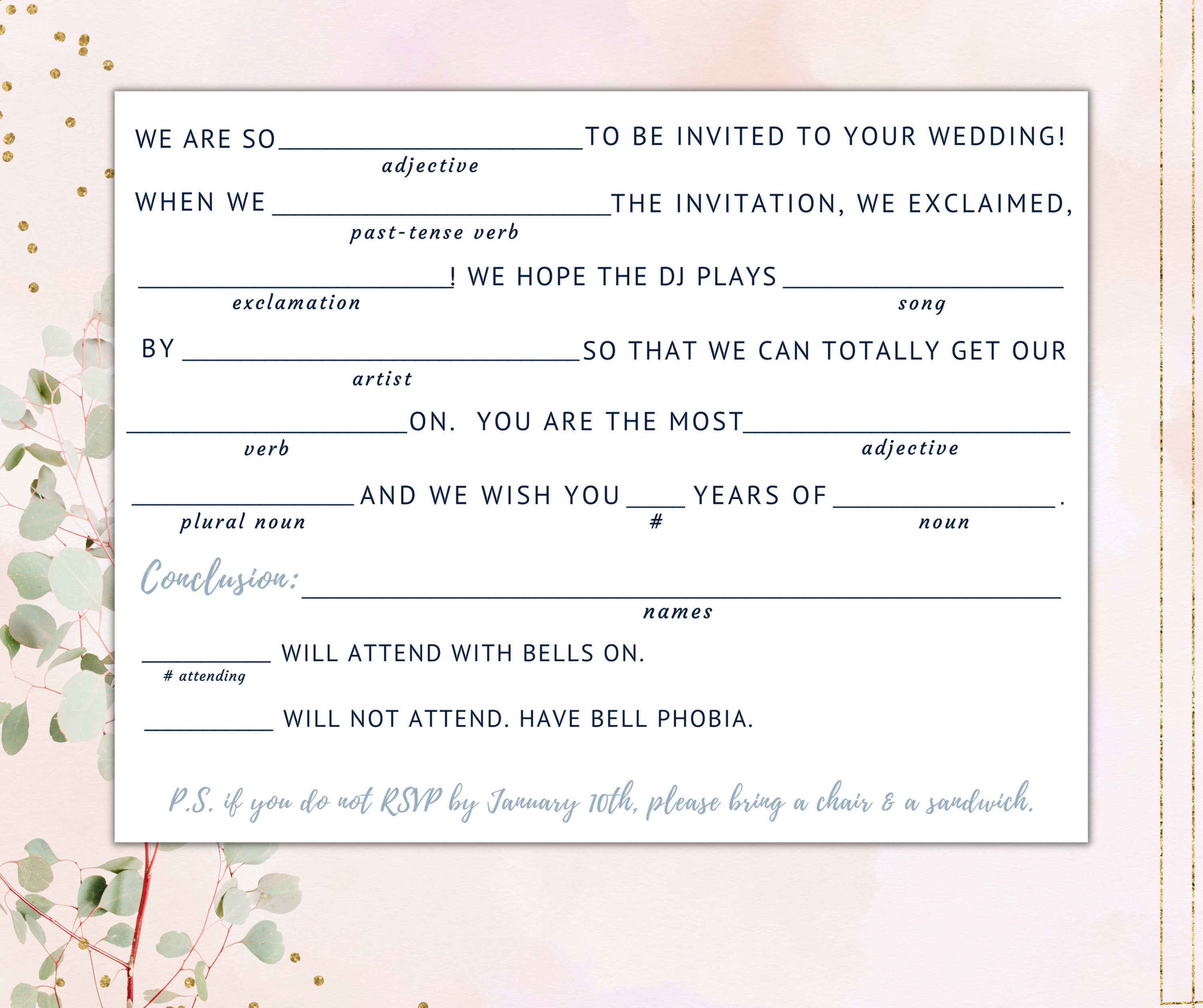 Printable Mad Libs Wedding RSVP Postcard / Fill in the Blank / | Etsy
