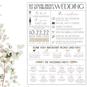 May include: A wedding invitation with a rustic theme. The invitation features a floral design with the text "So you're about to sit through a wedding." The invitation also includes the names of the bride and groom, Callie Rodgers and Blake Cole, and the date of the wedding, 10.22.22. The invitation also includes a rundown of the wedding events, including the ceremony, the exit, pictures and cheers, drinks and appetizers, the reception, and the reception ends.