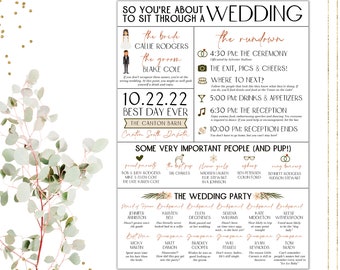 Boho Chic Infographic Wedding Program / Front Only / Printable / 6x9" / 5.5x8.5" / Popular / Funny Facts / Elegant / Icons / Modern / Dogs