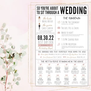 May include: A wedding announcement with a pink and gold design. The announcement includes the bride and groom's names, the date of the wedding, and the location. It also includes a list of the wedding party members.