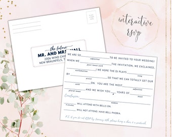Printable Mad Libs Wedding RSVP Postcard / Fill In The Blank / Funny / Custom / 5.5x4.25 / Wedlibs / Popular /Hilarious