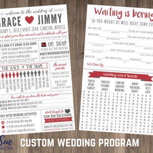 May include: A wedding programme with a red and grey colour scheme. The programme includes a wedding schedule, a word search puzzle, and a section for guests to sign. The text on the programme includes the names Grace and Jimmy, the date 1 January 2018, and the location Hyatt Ziva, Cancun, Mexico.