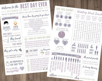 Funny Infographic Wedding Program / Our Love Story / Games & Activities / Word Search / Fun Facts / Custom / Printable / 5x7 / Silhouettes