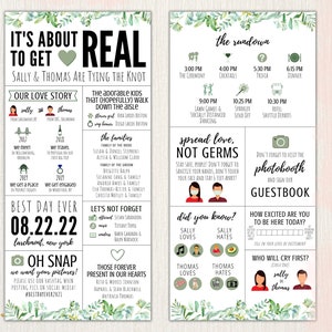 May include: A wedding invitation with a green and white floral design. The invitation features the couple's names, wedding date, and location. It also includes a timeline of events, a section about the couple's love story, and a fun "did you know?" section about the bride and groom.