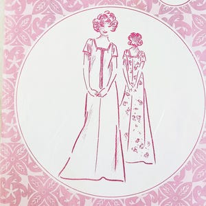 May include: A vintage "Patterns Pacifica" sewing pattern packet in pink and white. The packet shows two women in dresses, with the size 12 clearly visible. The background has a repeating floral pattern. The measurements are in inches.