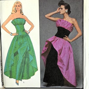 80s Strapless Ball Gown, Retro Evening Dress, Fitted Bodice with Frill, Straight Skirt Under Shaped Overskirt, UNCUT Style 4936, Size 12-16