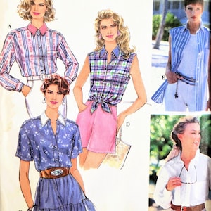 May include: Simplicity sewing pattern showcasing women's shirt and shorts designs. The designs include striped, plaid, and floral patterns. The pattern includes the size P 12,14,16 and EUR 38-42.