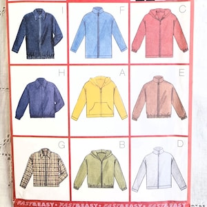 Peut inclure: Une pochette de patron de couture Butterick 5765 pour vestes en tailles 8-10-12. Le recto présente neuf illustrations de diverses vestes zippées à col ou capuche, incluant des couleurs unies et un motif à carreaux, ainsi que deux photos de modèles finis.