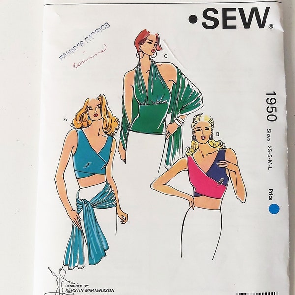 1980s Stretch Knit Tops & Scarf or Tie Belt, Midriff Bearing, Halter Top, Yoga or Dance Wear Tops, UNCUT Kwik Sew 1950, Sizes XS-S-M-L