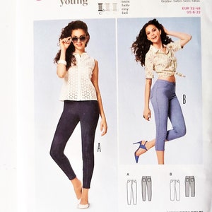 May include: A sewing pattern for jeggings, featuring two models wearing the finished garment. The pattern is for sizes EUR 32-48 and US 6-22. The pattern includes seam and hem allowances. The pattern is for sale and is labeled "Final Sale".