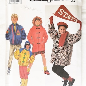 May include: Simplicity sewing pattern 9871, size A (SM-LG). The cover features illustrations of children's outerwear, including a blue and red jacket, a red coat, and a leopard print coat. A child holds a pennant that says "STATE".