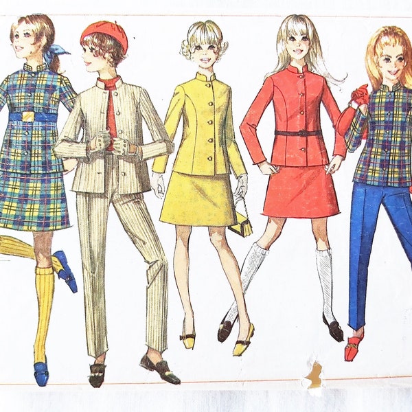Mod 60s Fashion, Wardrobe with A-Line Skirt, Nehru Collar Jacket & Straight Leg Pants, Simplicity 7829, Junior Size 9/10, Bust 30
