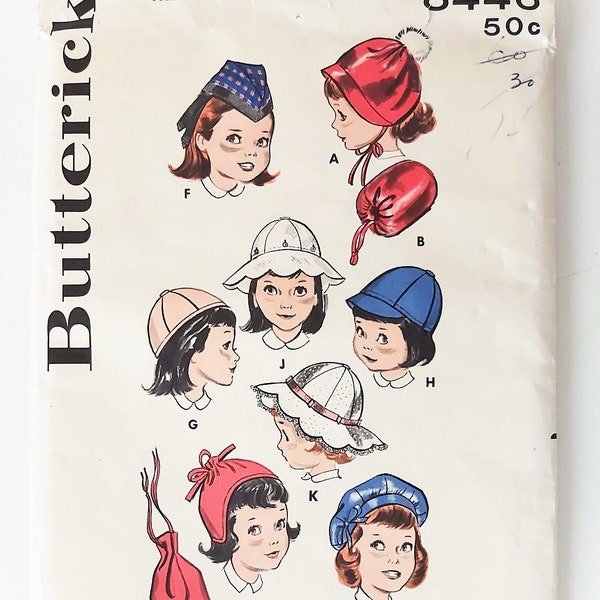 1950s Girls' Fashion Hats & Drawstring Bags, Pom-Pom Bonnet, Scotch Tam, French Beret, Beanie, Eton Cap, UNCUT Butterick 8446, Head Size M