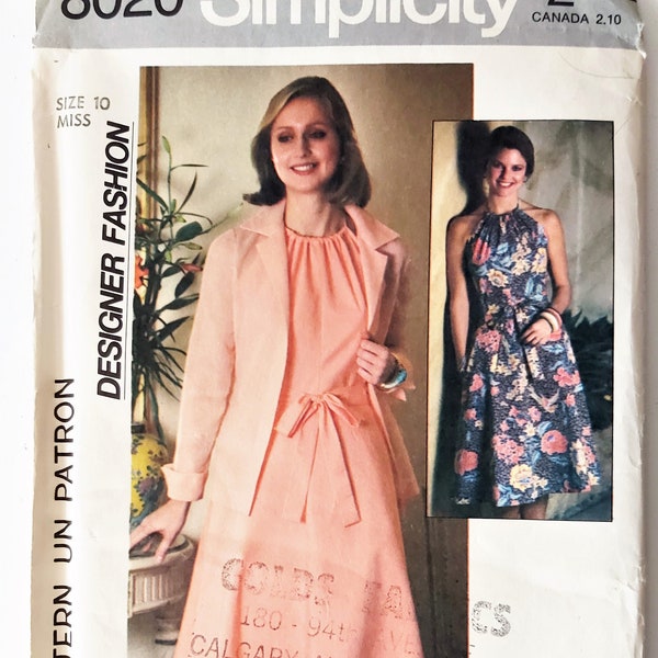 Classic 70s Back Wrapped Halter Dress & Shirt Jacket, Designer Fashion, Drawstring Neckline, Summer Fashion, UNCUT Simplicity 8020, Size 10