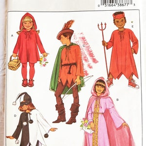 May include: A Butterick pattern B4319 for kids' costumes. The image shows illustrations of five different costumes: a red hooded cloak, a Robin Hood-style outfit, a devil costume, a jester outfit, and a pink hooded gown.