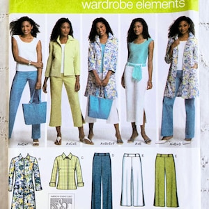 May include: Simplicity wardrobe elements sewing pattern, showcasing outfit combinations. The pattern includes options for jackets, shirts, trousers, and tops. The size range is AA 10,12,14,16,18, EUR 36-44, FR 38-46. The image shows different outfit examples.
