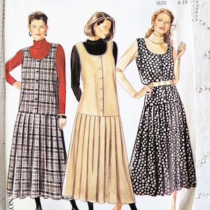 May include: A vintage New Look sewing pattern featuring three illustrated women's outfits. The pattern includes a plaid dress, a button-down dress, and a polka-dot dress. The size range is 8-18.