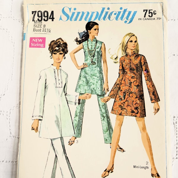 60s Separates, A-Line Mini Dress or Tunic, Bell Bottom Pants, Retro Pant Suit, Nehru Collar, Flared Pants, Simplicity 7994, Size 8