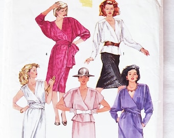 Classic 80s Wrap Dress or Top and Skirt with Gathers at Shoulders, Tapered Batwing Sleeves and Pockets, Simplicity 6678, Size 16, Bust 36