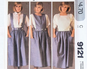 80s Dirndl Skirt with Shoulder Straps, Detachable Bib or Tabard, Easy to Sew, UNCUT McCall&#39;s 9121, Size 10, Waist 24&quot;