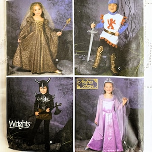 May include: Simplicity costume pattern for kids, featuring four costume designs. Includes a princess, knight, Viking, and medieval gown. The pattern includes sizes 3, 4, 5, 6, 7, and 8. The package has the text "Costumes for kids".