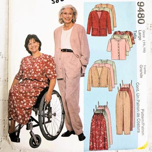May include: McCall's Easy Comfort Dressing sewing pattern 9480 for size Large (16, 18). The envelope features illustrations of a floral print dress, a cardigan, and trousers. Text includes the brand name, pattern number, and size specifications.
