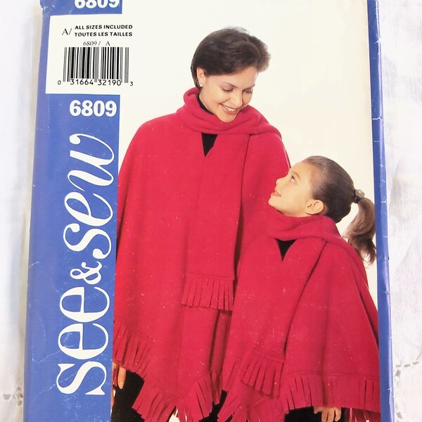 Mom and Daughter Fleece Poncho, Pullover Shawl, Fringed Edges, Scarf Collar, UNCUT Butterick See & Sew 6809, Mom Sizes 6-18, Child Size 2-6X