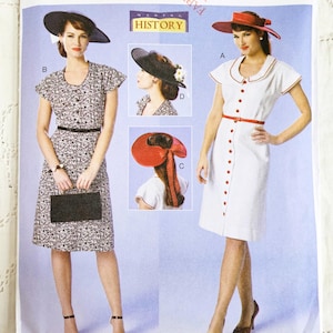 May include: Butterick sewing pattern B6363 featuring vintage dress designs. The pattern includes illustrations of dresses with hats, a-line skirts, and button-down details. The pattern size is A5 (6-8-10-12-14).