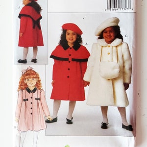 Girls' A-Line Coat, Muff & Beret, Detachable Capelet, Puffed Sleeves, Front and Back Pleats, Bows - UNCUT Butterick 3046, Child Size 2-3-4