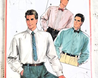 Men's 80s Button Front Shirts and Neck Tie,Front Pleats and Collar Variations, Tuxedo Shirt, UNCUT Burda 6116, Neck Size 14 1/2-17"