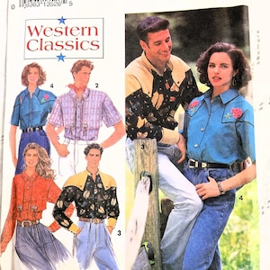May include: Simplicity sewing pattern number 8190 for Western Classics shirts. The pattern includes four different shirt designs, two for men and two for women. The shirts feature a variety of colors and patterns, including blue, red, and white.