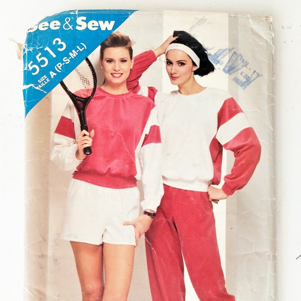 1980s Athletic Wear, Sweat Shirt, Sweat Pants and Shorts, Stretch Knit Sewing, Gym Clothes, UNCUT Butterick 5513, Sizes P-S-M-L (6-18)