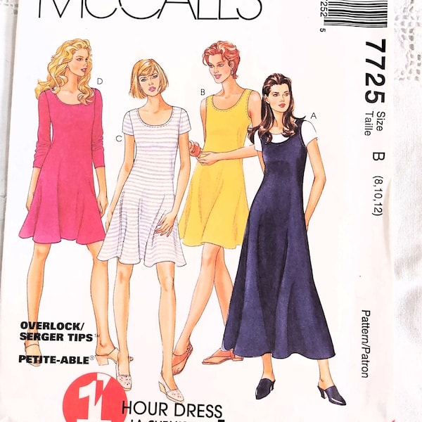 90s Stretch Knit Dress, Midi or Above Knee, Scoop Neckline, Sleeve Variations, Fast and Easy Sewing, UNCUT McCall's 7725, Sizes 8-10-12