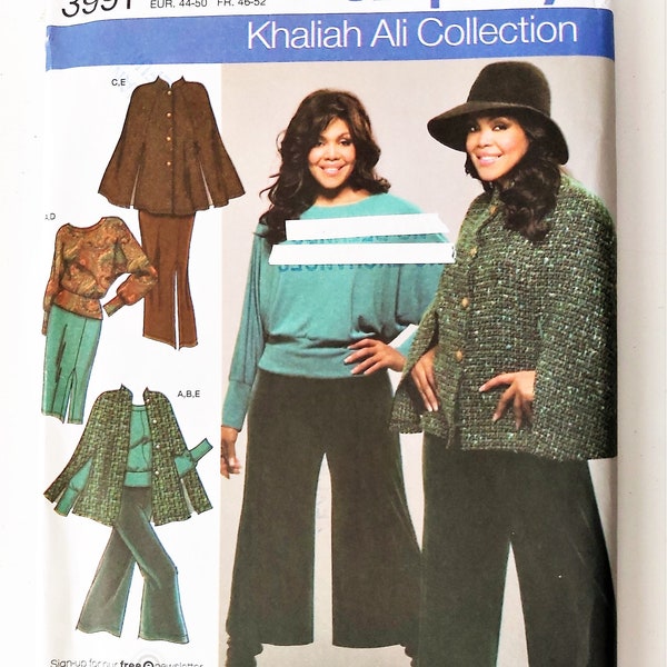 Khaliah Ali Separates, Button Front Cape, Kimono Sleeve Top, Gaucho Pants & Straight Skirt, UNCUT Simplicity 3991, Plus Sizes 18W-24W