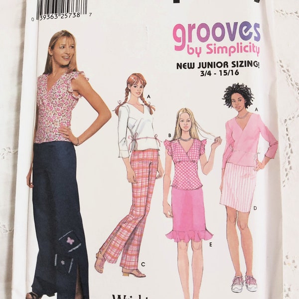 Teen Y2K Separates, Sleeveless and Three-Quarter Sleeve Tops, Straight Skirt, Flared Pants, UNCUT Simplicity 7185, Junior Size 11/12-15/16