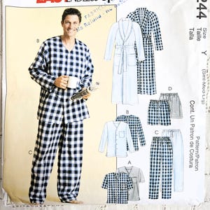 May include: McCall's Easy Endless Options sewing pattern. The pattern features a man in a plaid pajama set. The pattern also includes illustrations of a robe, shorts, and shirts. The pattern number is 4244.