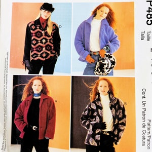 May include: McCall's sewing pattern featuring four jacket designs. The pattern includes a red jacket, a blue jacket, a black jacket with leaf patterns, and a black jacket with a geometric design. The size is Z (Lrg-Xlg-XXl).