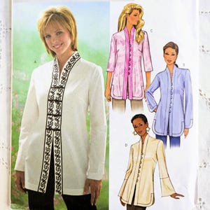 May include: Butterick sewing pattern B4075 for a long-sleeved jacket in sizes 14, 16, and 18. The envelope displays four variations of the jacket, featuring different colors, patterns, and front closures, including frog fasteners and buttons.