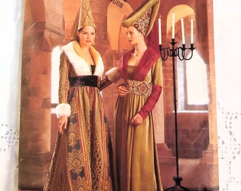 Historical Period Costume, Medieval Gown & Head Piece, Fit N Flared Pullover Dress, Cone Hat with Veil, UNCUT Butterick 6751, Size 12-14-16
