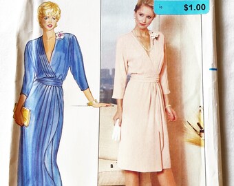 Elegant 1980s Wrap Dress with Bias Cummerbund, Evening or Cocktail Length, Three Quarter Dolman Sleeves, UNCUT Butterick 4800, Size 10