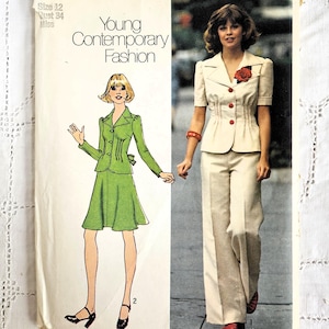 May include: A vintage Simplicity sewing pattern, number 6751, for Young Contemporary Fashion. The cover displays illustrations of a green skirt suit and a cream-colored trouser suit. The pattern is for a size 12, with a bust of 86 cm.