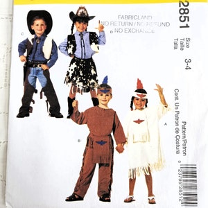 May include: McCall's Costumes sewing pattern for children's costumes. The pattern includes four costumes: a cowboy, a cowgirl, an Indian boy, and an Indian girl. The pattern is for sizes 3-4. The pattern is easy to sew and includes instructions in English and Spanish.